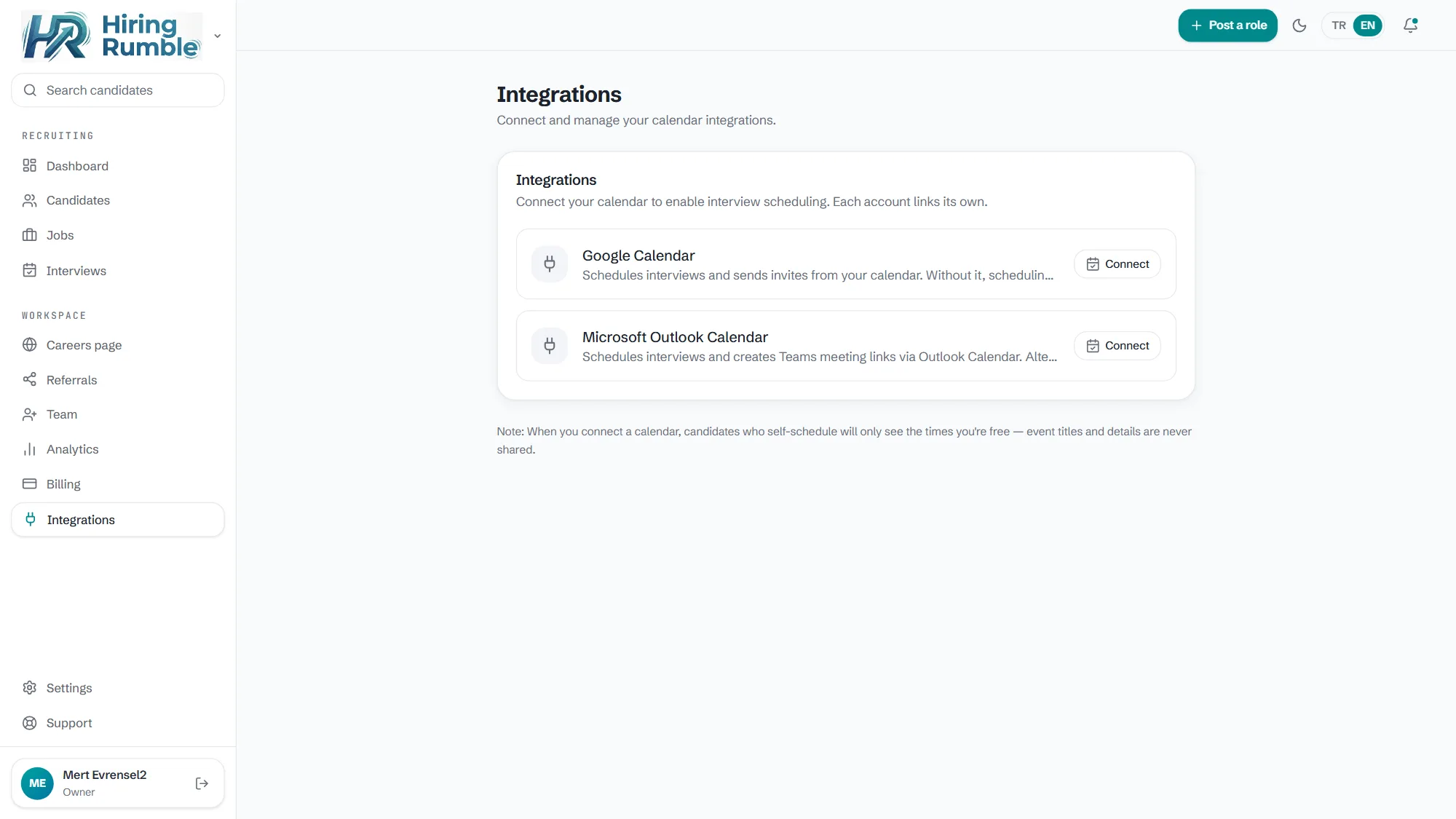 Integrations screen