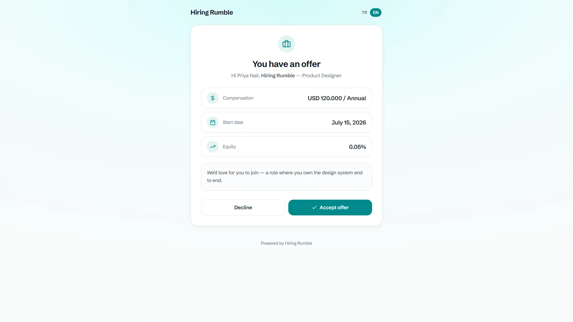 The offer page a candidate sees