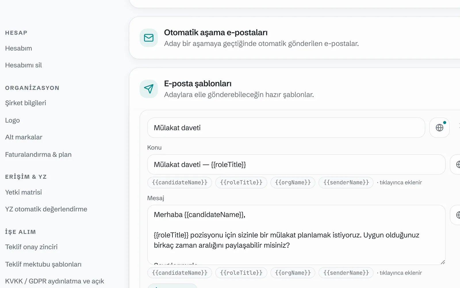 Aşama e-postaları ve şablonlar